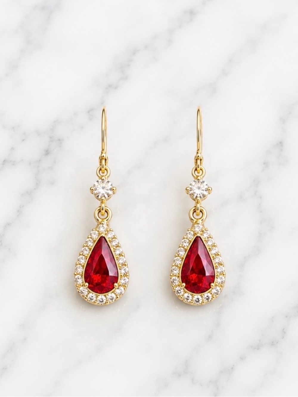 Gold-Tone Red Teardrop Center Stone Drop Earrings With Clear Stone Accents